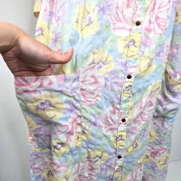 VTG Smart Time Floral Seersucker Snap Front Cottagecore Duster House Dress - Picture 4 of 7